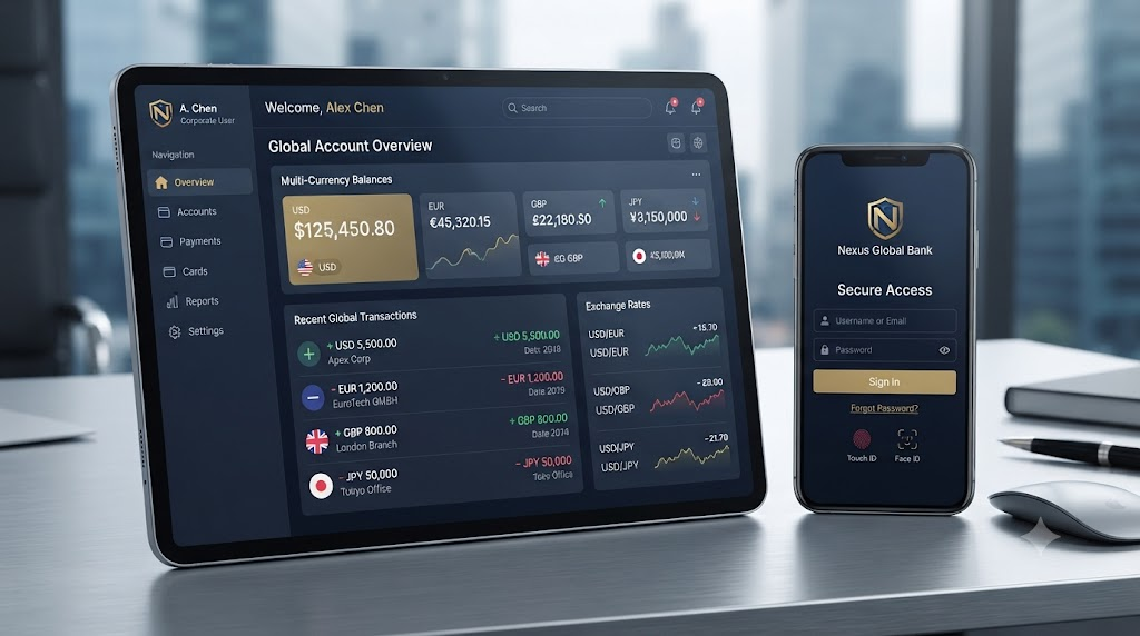 A modern digital bank application showing multi-currency transactions and secure login screen
