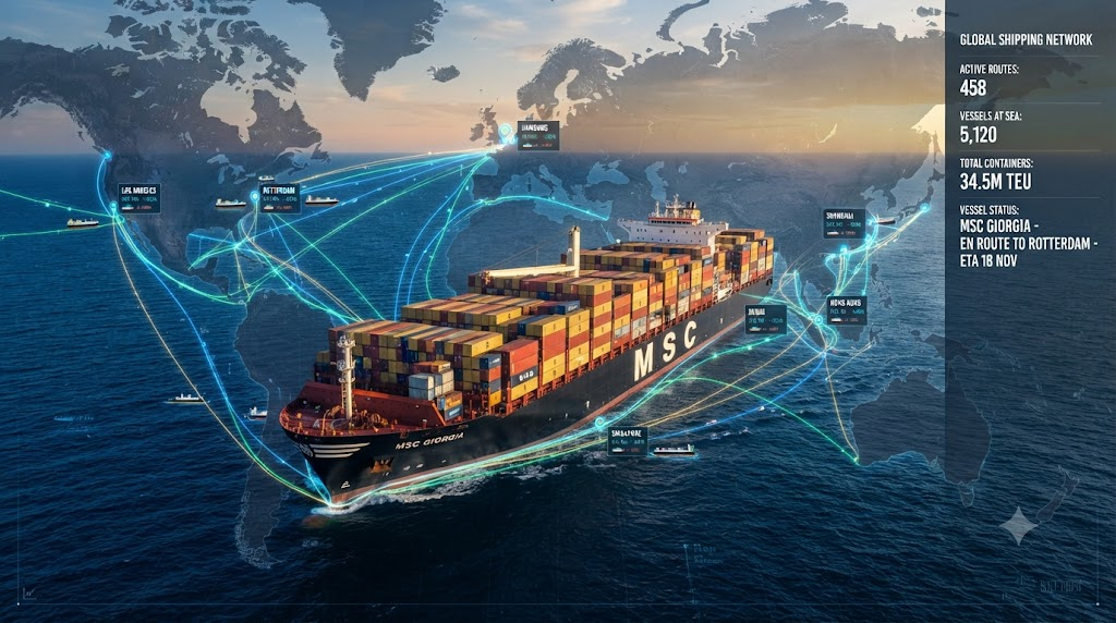 A global logistics container ship and digital world map overlay indicating trade routes