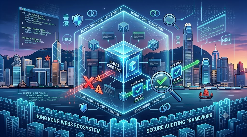 Digital concept representing Web3 auditing and blockchain security in Hong Kong