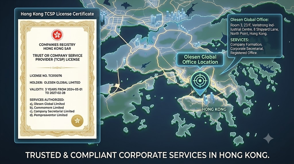 A map of Hong Kong showing the Olesen Global office location and TCSP license certificate