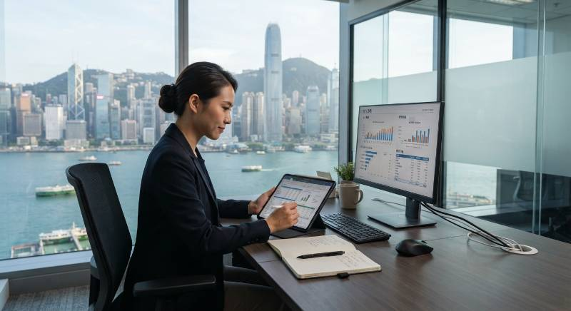 Professional accounting workspace with digital tablet and Hong Kong skyline view