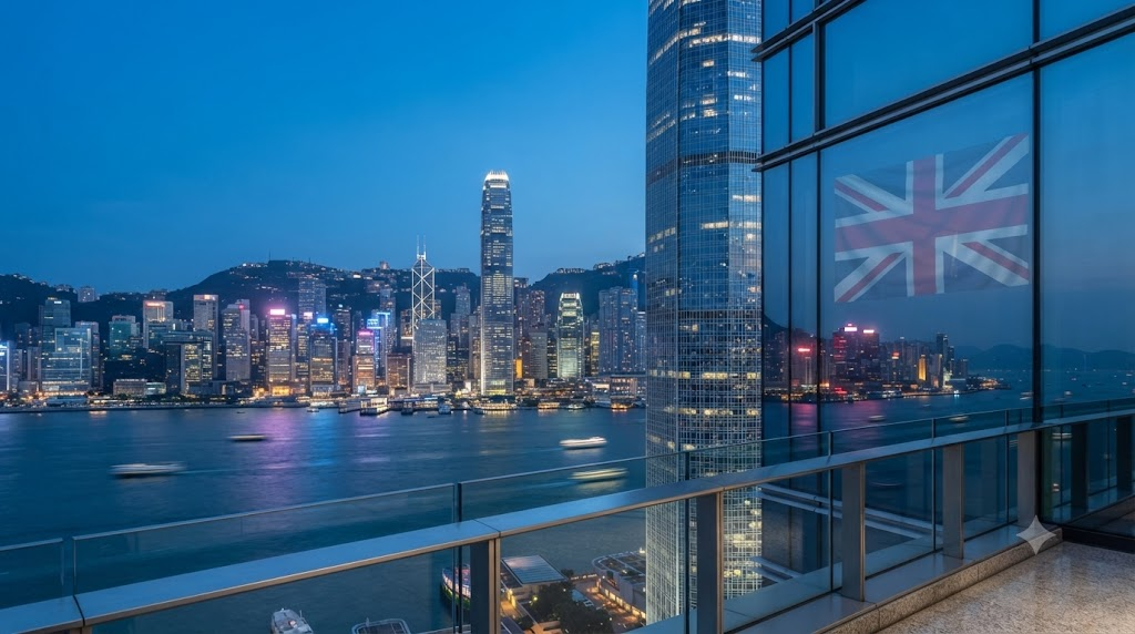 Modern Hong Kong skyline with a subtle UK flag reflection on a glass building, professional business style.