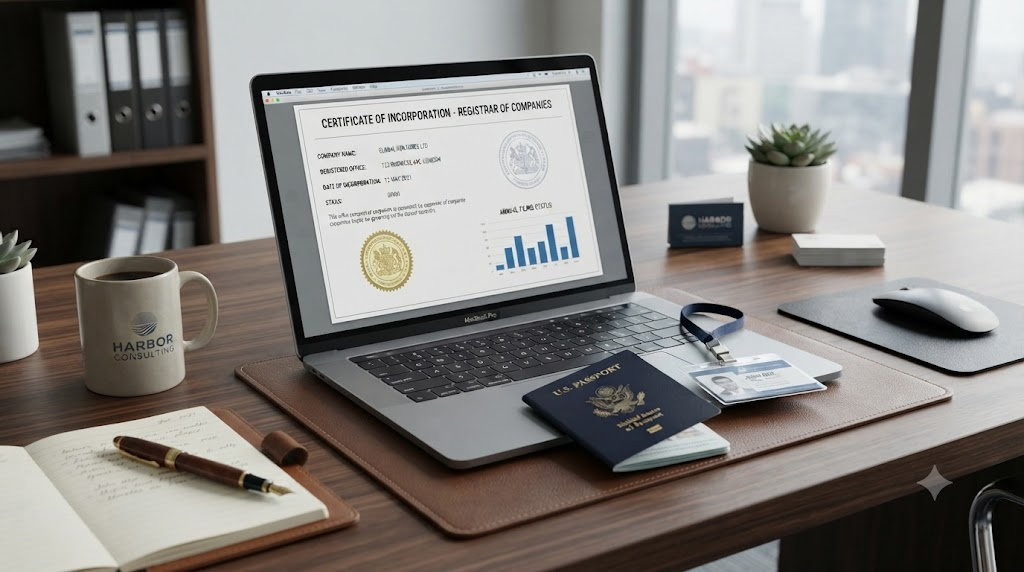 A professional office desk with a laptop displaying corporate registry documents and a passport