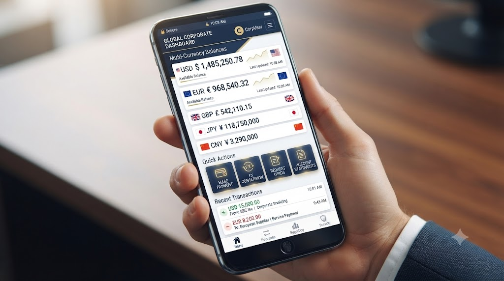 A close-up of a mobile screen showing a secure corporate banking dashboard with multi-currency balances, modern design.