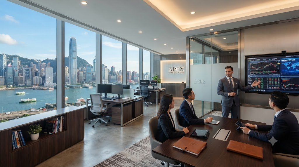 A sleek corporate office interior in Hong Kong overlooking the skyline, showcasing professional financial services.