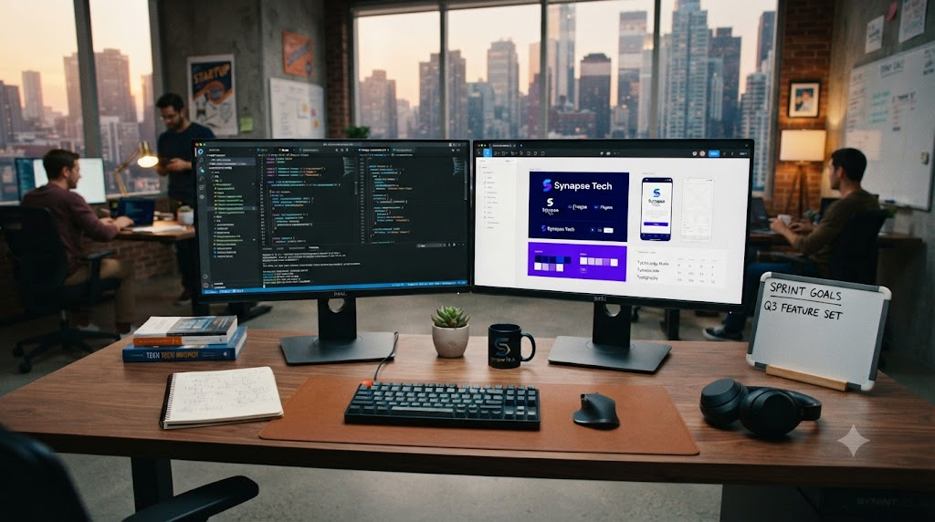 Tech startup workspace with dual monitors showing code and branding graphics