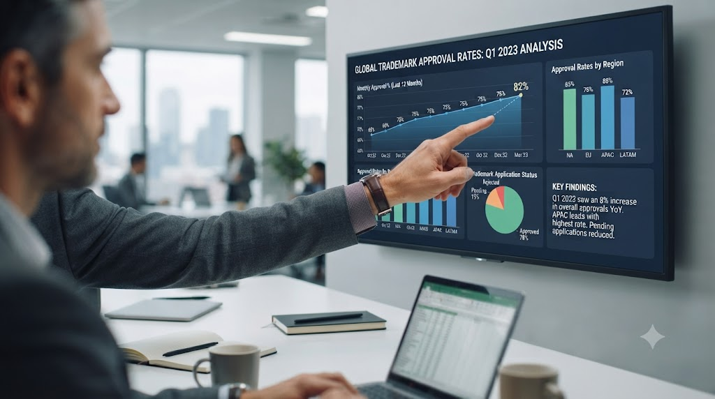 Hand pointing at data charts showing trademark approval rates.