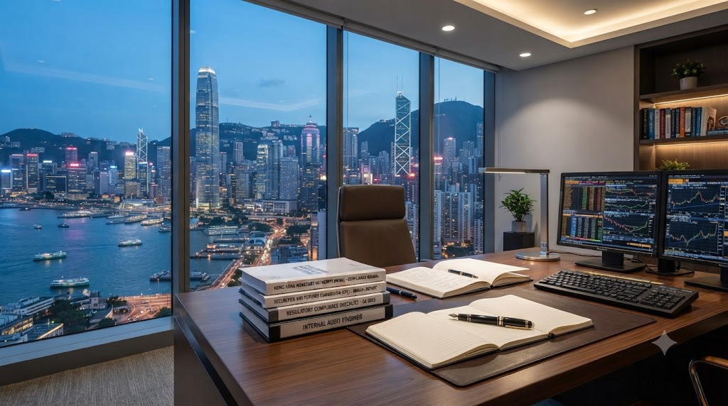 Hong Kong corporate office desk with compliance documents and high-rise view.