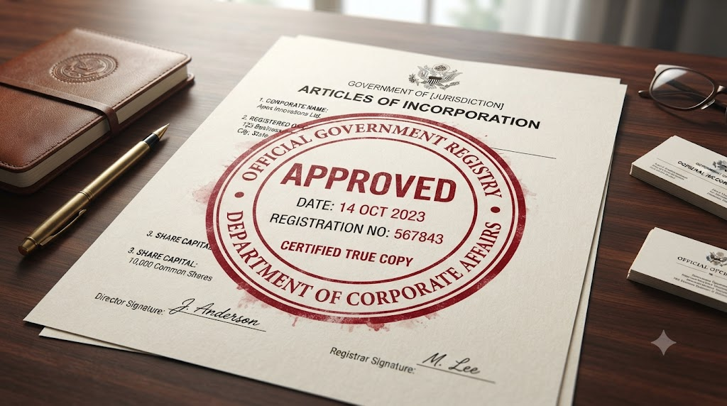 Official government stamp on standard business incorporation document