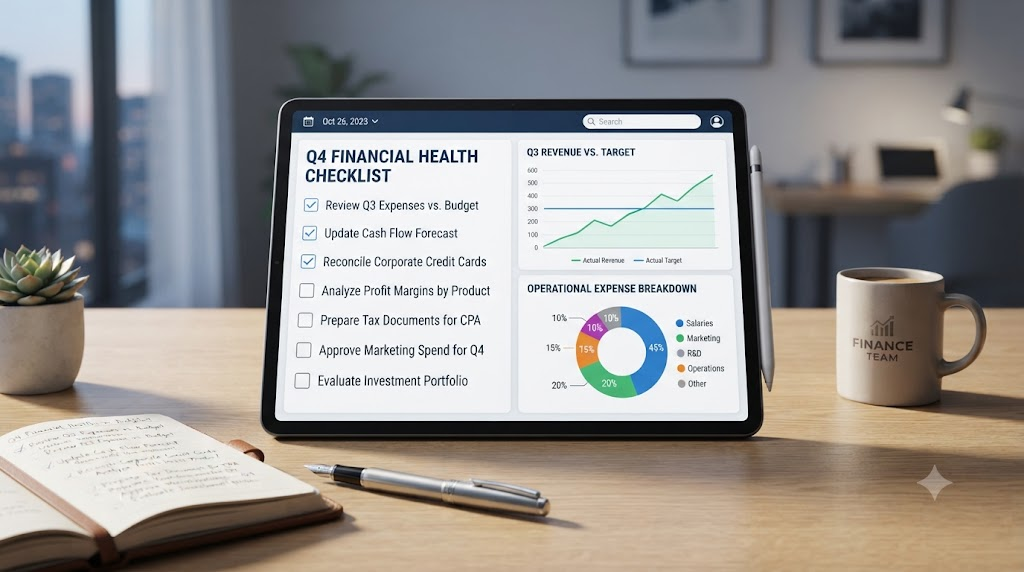 Modern digital tablet showing a financial checklist and charts