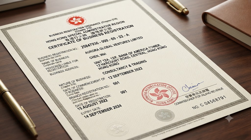 Hong Kong Business Registration Certificate document close up detail