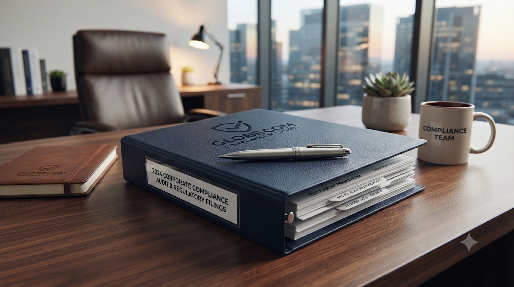 Corporate compliance documents folder and pen on office desk