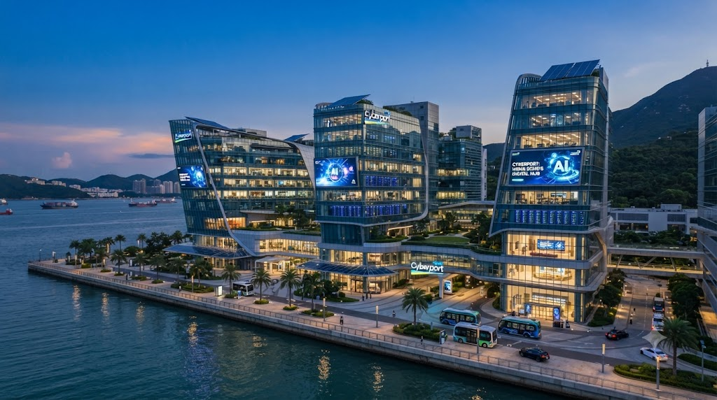 Modern high tech office building in Cyberport Hong Kong.