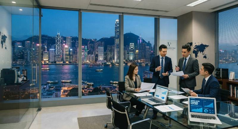 Hong Kong skyline and corporate office elements, professional business style