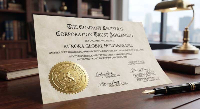 Official business documentation, gold seal, corporate trust illustration