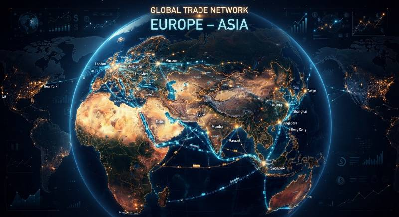 Global trade map, connecting Europe and Asia, digital connections