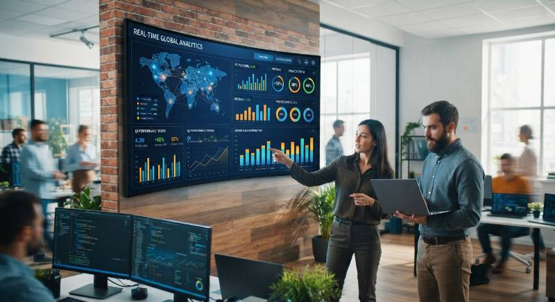Modern tech office digital screen charts