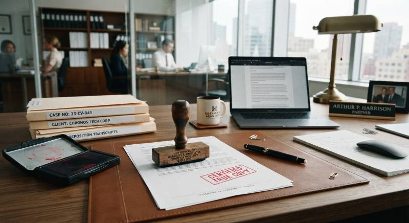 Corporate office desk with legal stamp