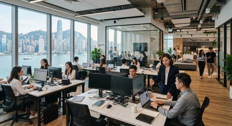 Modern physical office space in Hong Kong with professional staff working