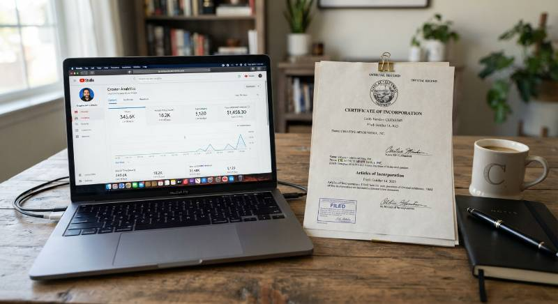 A modern laptop displaying YouTube creator analytics dashboard next to official corporate registration documents on a wooden desk.