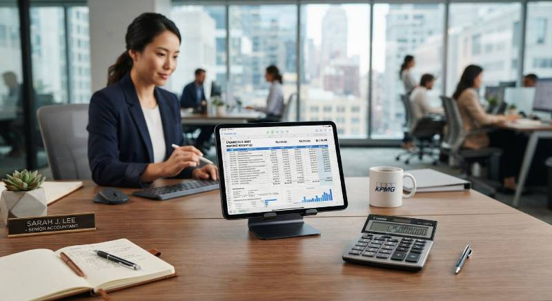 A sleek corporate office desk with digital accounting spreadsheets on a tablet and a calculator.