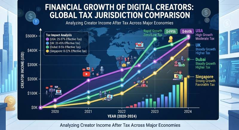 A comparative chart showing the financial growth of digital creators across different global tax jurisdictions.
