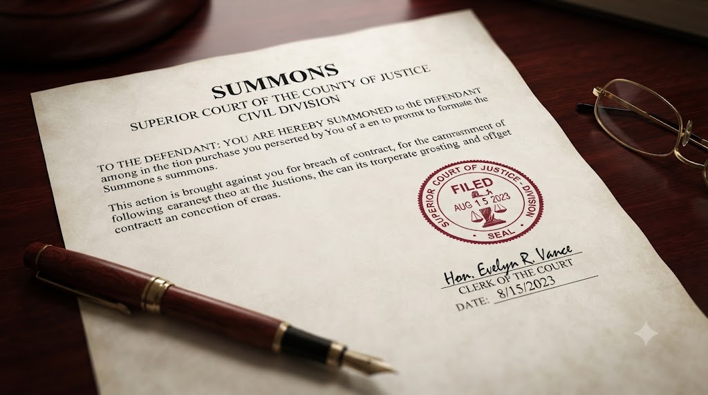 A close-up of a formal legal document with a stamp of court summons