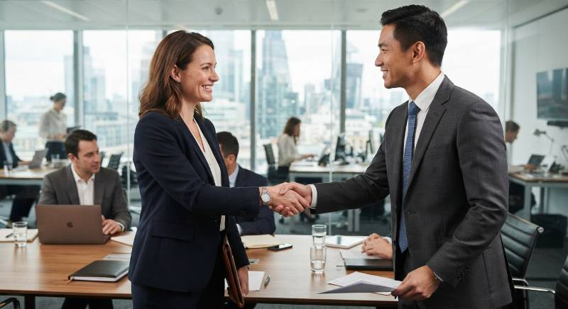 A handshake in a professional business setting.