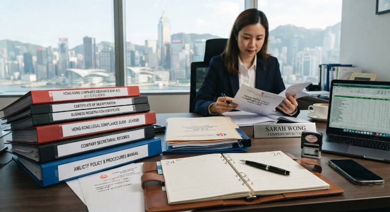 Hong Kong legal compliance documents on corporate desk