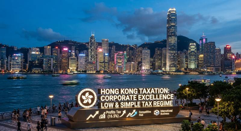Hong Kong skyline corporate skyscrapers financial district taxation concept