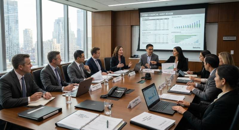 Corporate boardroom meeting with executives reviewing financial audits