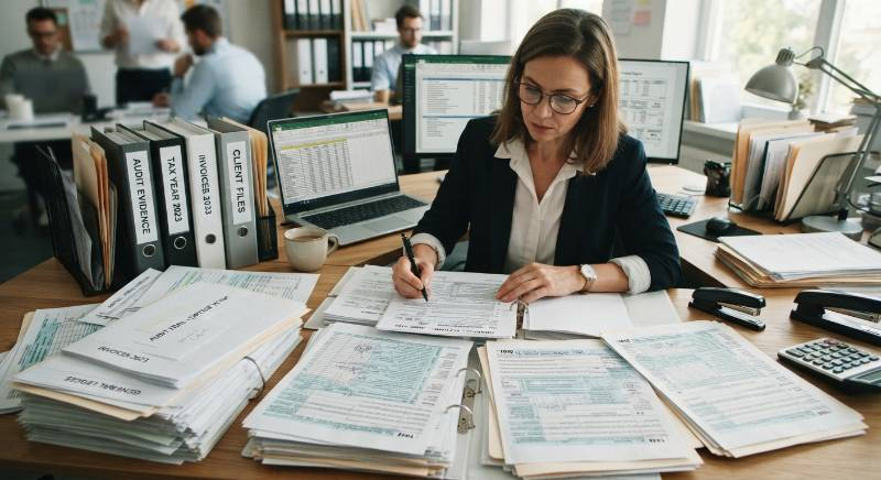 Financial audit documentation tax filing forms desk