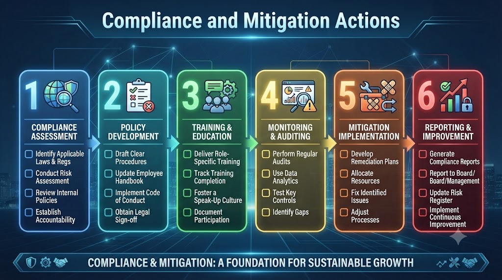 A step-by-step checklist graphic showing compliance and mitigation action