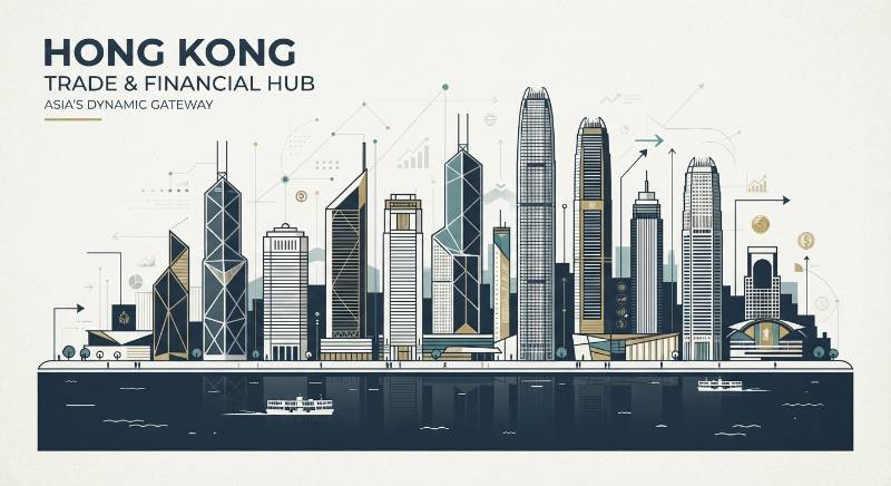 Hong Kong trade skyline financial hub minimal architectural graphic