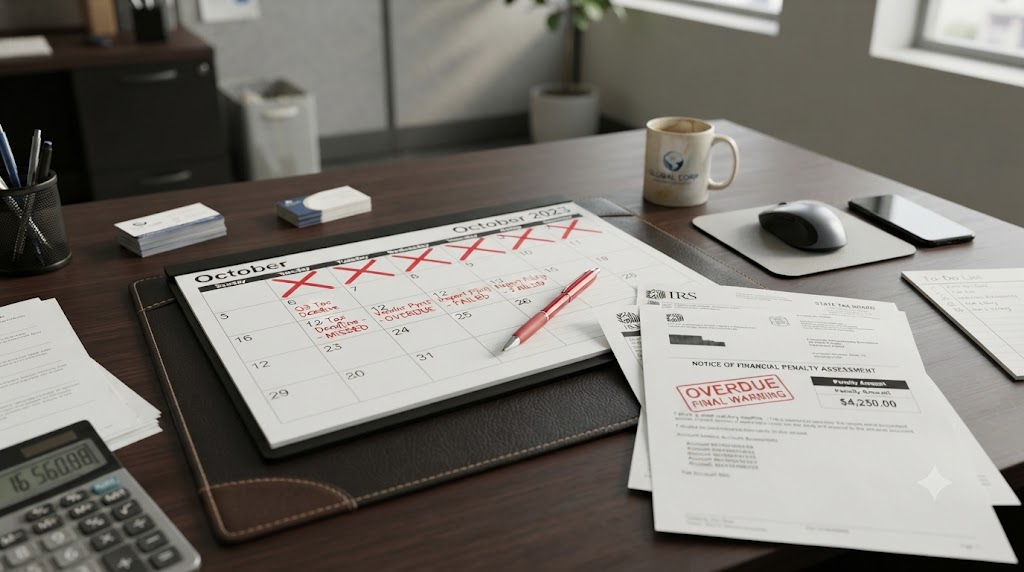 A professional office desk with a calendar showing missed deadlines and financial penalty documents