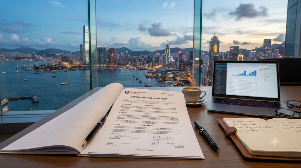 Corporate legal document on desk with Hong Kong skyline background