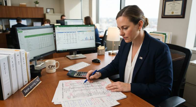 Certified Public Accountant verifying financial balance sheet
